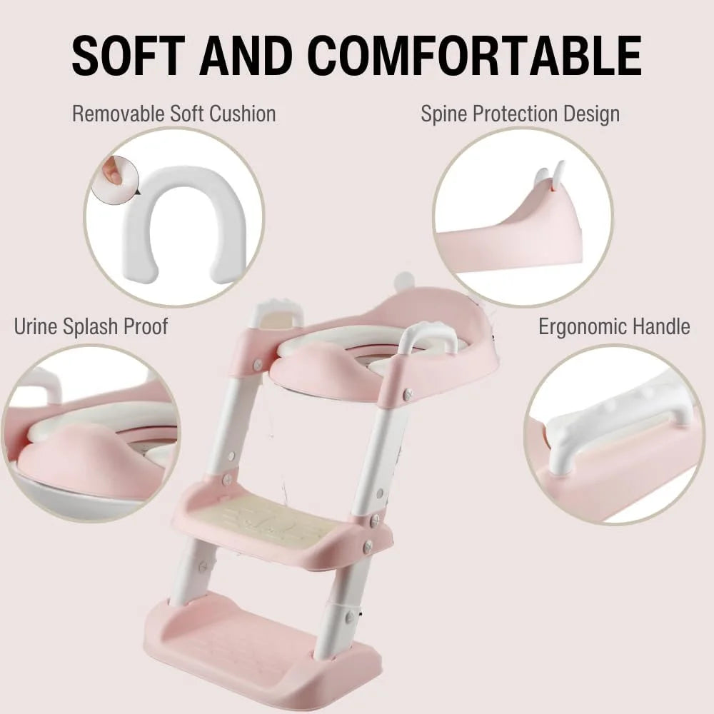 Toilet Potty Training Seat with Step Stool Ladder, Comfortable Safe Potty Seat with Anti-Slip Pads Ladder for Kids Boys Girls Toddlers (Pink)