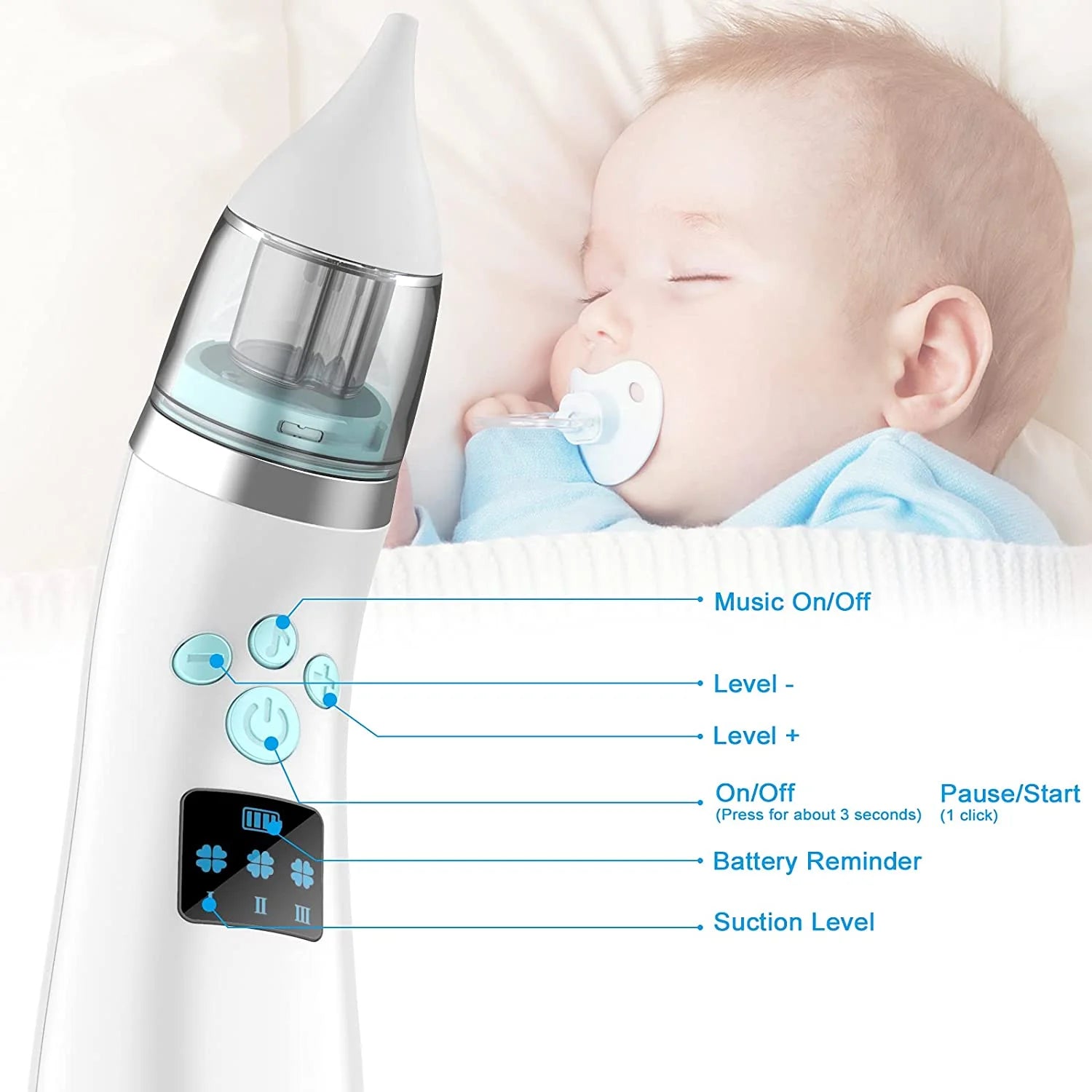 Baby Nasal Aspirator - Electric Music Infant Nose Nasal Aspirator - Automatic Booger Mucus Remove Cleaner for Newborn Kid with 4 Replacement Nozzles - 3 Suction Power Adjustable - USB Charging