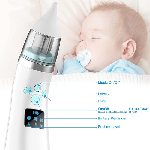 Baby Nasal Aspirator - Electric Music Infant Nose Nasal Aspirator - Automatic Booger Mucus Remove Cleaner for Newborn Kid with 4 Replacement Nozzles - 3 Suction Power Adjustable - USB Charging